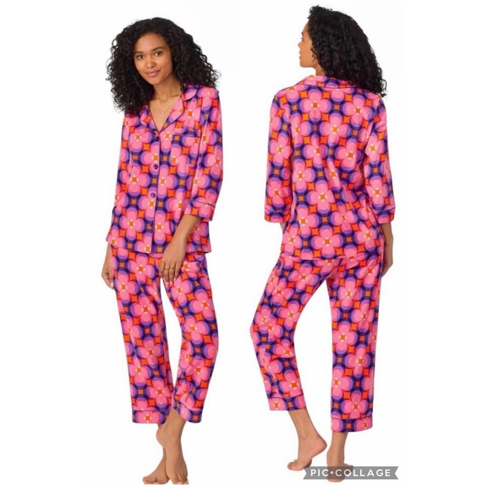 BedHead Trina Turk Pajama Set Top & Cropped Pants Purple Space Cat Women’s L
